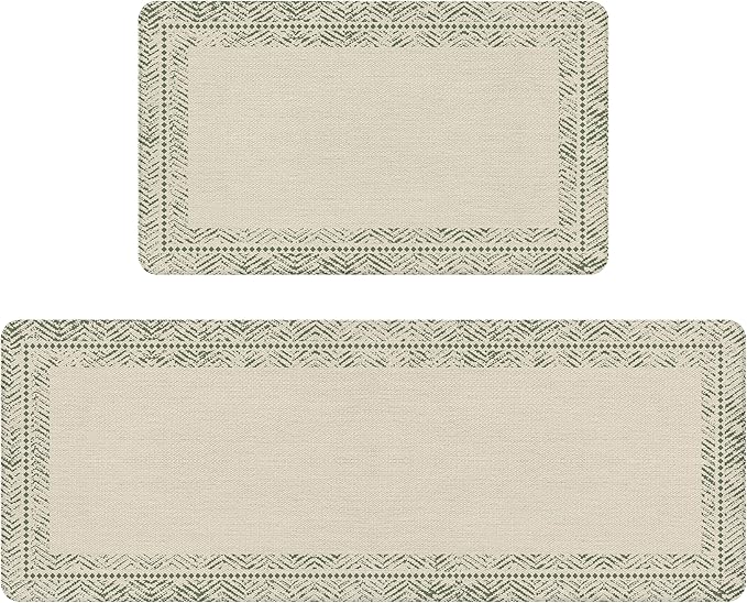 Sage Green Vintage Boho Elegance Frame Kitchen Rug Sets [2 PCs], Anti-Fatigue, Waterproof Non-Slip Kitchen Mats Heavy Duty Comfort Foam Rug for Kitchen, Floor, Laundry,17"x29"+17"x47"