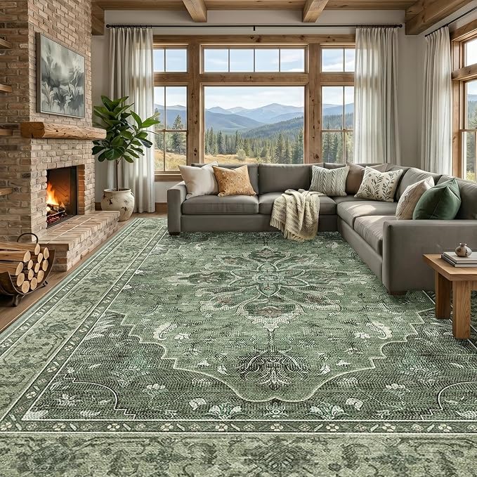 RELEANY Area Rugs Large 10'x14' Washable Non-Slip, Floral Vintage Distress Medallion Carpet for Living Room Bedroom Dining Room, Dark Green Gray