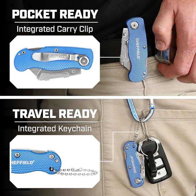 Sheffield Utility Knife and Mini Box Cutter, Folding Utility Knife Set Aluminum Handles, Accepts Std and Mini Blades, Box Cutters for Trades and DIY