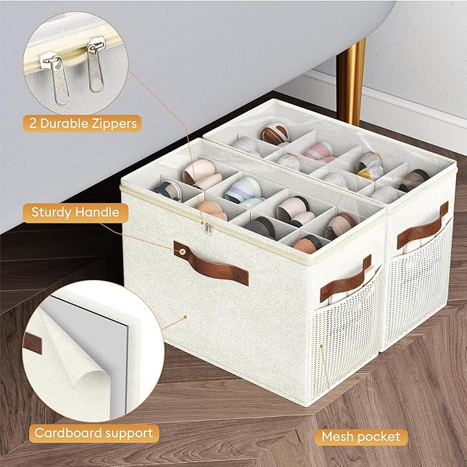 Budding Joy 2 Pack Shoe Organizer for Closet, Clear Foldable Shoe Storage Containers Adjustable Dividers Fits 16 Pairs,Shoe Storage Bins Baskets Boxes with Reinforced Handles Beige