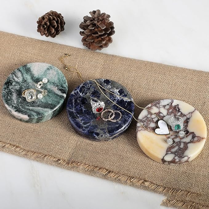 Koville Marble Jewelry Dish, Small Round Trinket Dish for Ring Necklace Earring, 4" Decorative Dish, Natural Stone Soap Dish for Bathroom Kitchen