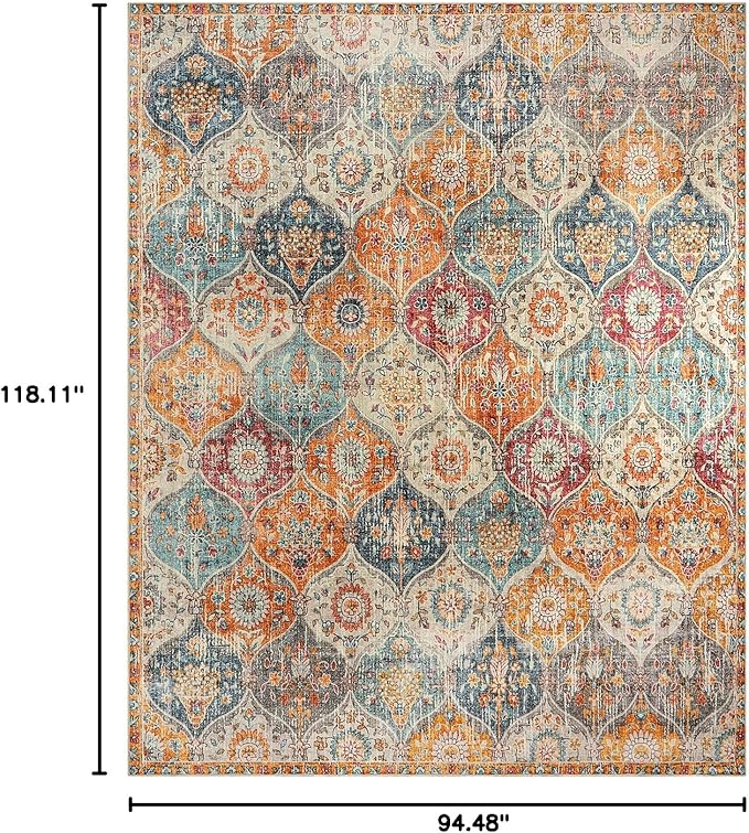 Lahome Moroccan Washable Area Rugs 8x10, 8x10 Rugs for Living Room Bedroom, Non Slip Low Pile Distressed Stain Resistant Rug for Kids Pets High Traffic Areas Elise, Burnt Orange
