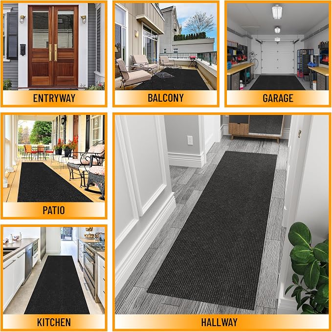 Ottomanson Hallway Runner Rug 2' x 6' Durable Non-Slip Mat with Scraper Pile for Indoor & Outdoor Use - Ideal for Kitchen, Entryway, Patio & Garage - High-Traffic Carpet, Black
