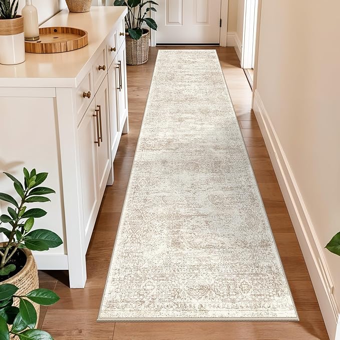 Runner Rug 2x10 Washable Non-Slip Hallway: Vintage Boho Carpet with Rubber Backing for Kitchen Entryway Hall Holiday Farmhouse Neutral Cream Long Runners (Cream/Beige,2'x10')