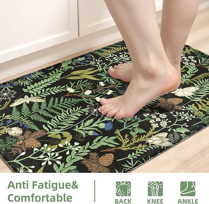 Black Green Botanical Kitchen Rugs Set of 2 Plant Leaf Anti-Fatigue Kitchen Mat Natural Comfort Standing Waterproof PVC Mats 2/5" Thick Leather Carpet for Laundry Office Sink(17.3" x28" + 17.3" x 59")