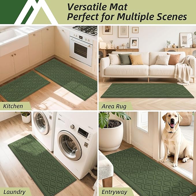COSY HOMEER 48x20 Inch/30X20 Inch Kitchen Rug Mats Made of 100% Polypropylene 2 Pieces Soft Kitchen Mat Specialized in Anti Slippery and Machine Washable for Home Kitchen,Green