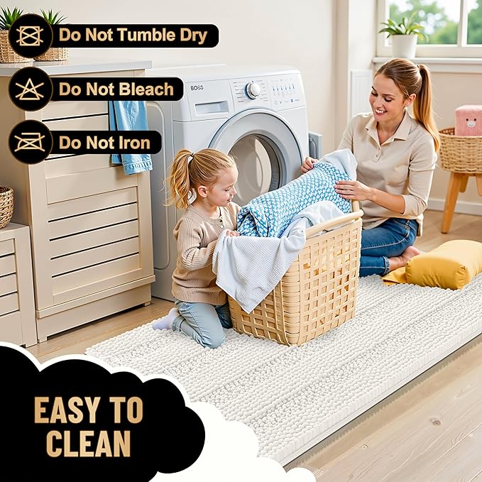 OLANLY Thick Large Bathroom Rugs 45x27, Extra Soft Absorbent Chenille Striped Bath Rugs, Rubber Backing, Machine Wash Dry, Bath Mats for Bathroom Floor, Tub and Shower, Home Decor Accessories, Ivory