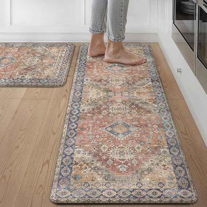 GENIMO Kitchen Mats for Floor, 2PCS Kitchen Rugs Non Slip Washable, Waterproof Anti Fatigue Mat, Comfort Standing Runner Rug for Sink, Office, Laundry, Home, 17.3"x47"+17.3"x30", RetroBrick