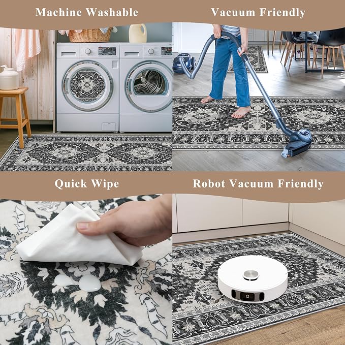 3-Piece Non-Slip Machine Washable Kitchen Rug Set with Runner – Soft Low Pile Thin Boho Kitchen Rugs for Hardwood Floor, Sink & Entryway, Pet-Friendly (Dark Grey, 2x3,2x4,2x5)