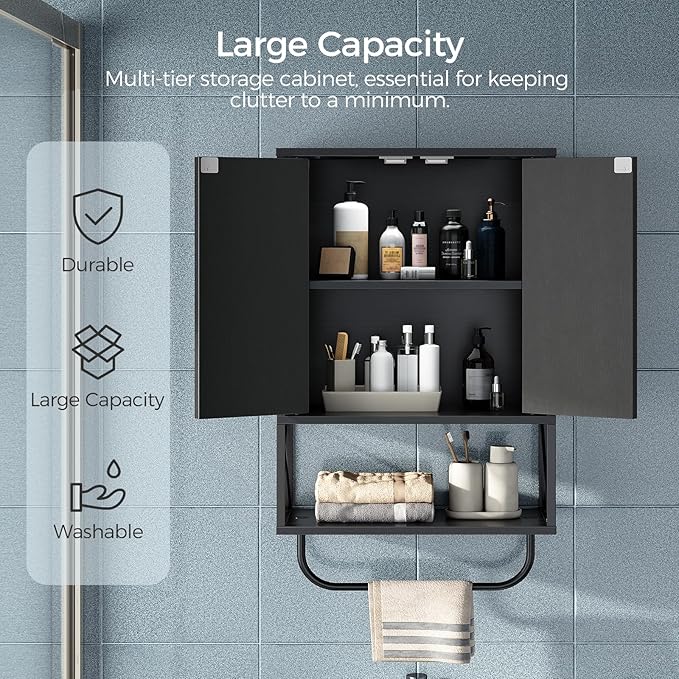 MAHANCRIS Bathroom Wall Cabinet with 2 Door and Adjustable Shelf, Farmhouse Medicine Cabinet with Towel Rack, 3-Tier Wall Mounted Storage Cabinet Over The Toilet for Bathroom Laundry Room, Black