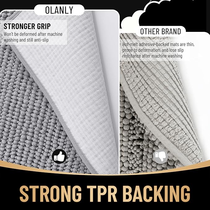 OLANLY Thick Large Bathroom Rugs 40x32, Extra Soft Absorbent Chenille Bath Rugs, Rubber Backing, Machine Wash Dry, Bath Mats for Bathroom Floor, Tub and Shower, Home Decor Accessories, Grey