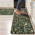 Black Green Botanical Kitchen Rugs Set of 2 Plant Leaf Anti-Fatigue Kitchen Mat Natural Comfort Standing Waterproof PVC Mats 2/5" Thick Leather Carpet for Laundry Office Sink(17.3" x28" + 17.3" x 47")