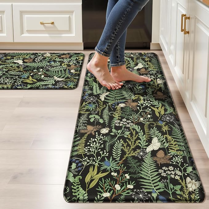 Black Green Botanical Kitchen Rugs Set of 2 Plant Leaf Anti-Fatigue Kitchen Mat Natural Comfort Standing Waterproof PVC Mats 2/5" Thick Leather Carpet for Laundry Office Sink(17.3" x28" + 17.3" x 47")