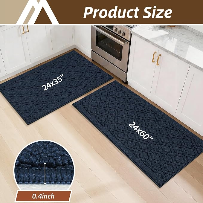 COSY HOMEER 60x24Inch/35X24Inch Kitchen Rugs Sets Non-Slip Washable Kitchen Mats for Floor Polypropylene Absorbent Kitchen Runner for Kitchen Sink Hallway Entryway(Navy Blue)