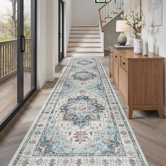 Madane 3x12 Hallway Runner Rug - Non Slip Washable 12ft Runner for Hallways Soft Vintage Kitchen Rugs Low-Pile Carpet Runner for Entryway Bathroom Thin Floor Mat for Bedroom Dining Room, Blue