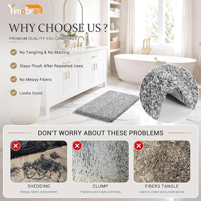 Yimobra Luxury Bathroom Rugs, Fluffy Bath Mats, Non Slip, Water Absorbent Microfiber, Machine Washable, Plush Runner Shower Rugs, Thick Matts for Bathroom Floor&Tub, 60" X 24", Light Gray and White