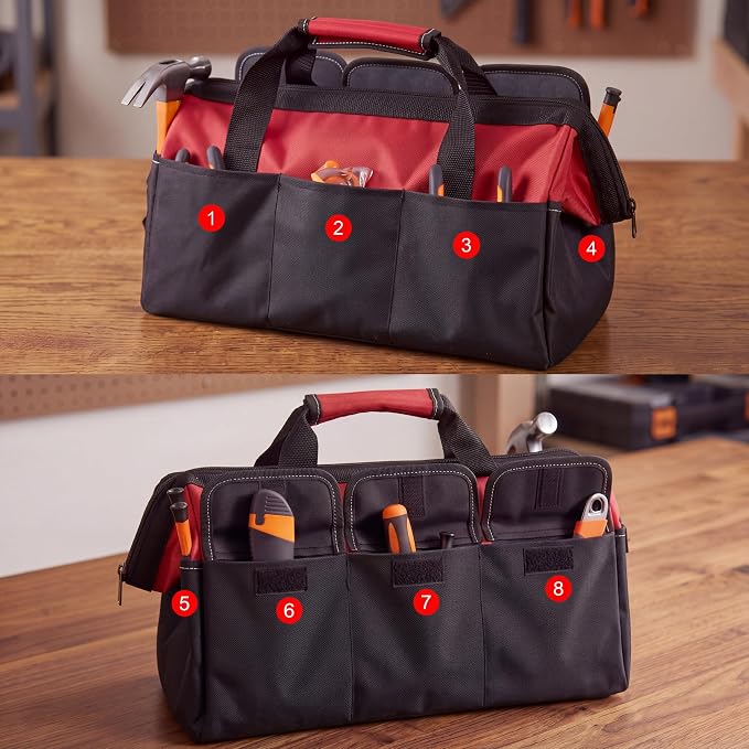 Sanwuta 3 Pack Tool Bag for Men with Waterproof Hard Bottom, Heavy Duty Tool Bag Wide Mouth Tote for Various Instrument, Electrician Carpenter Mechanic(Red, Army Green, Blue,16 Inch,Side Pockets)