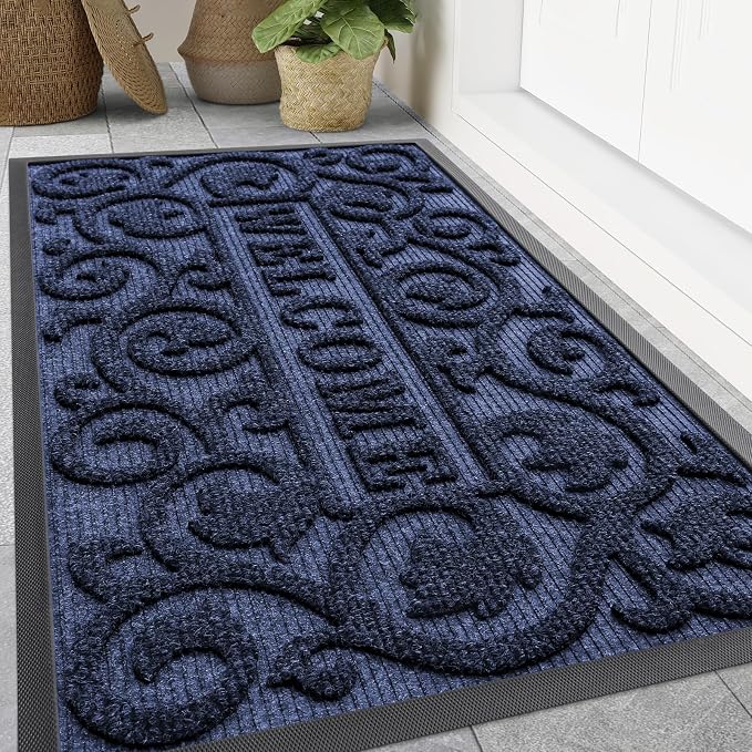 Smiry Welcome Door Mat Outside Entrance, Heavy Duty Trap Dirt and Moisture Easy Clean Low Profile Patio Porch Indoor Outdoor Front Doormat for Entry, 47x32 Inch, Navy Blue