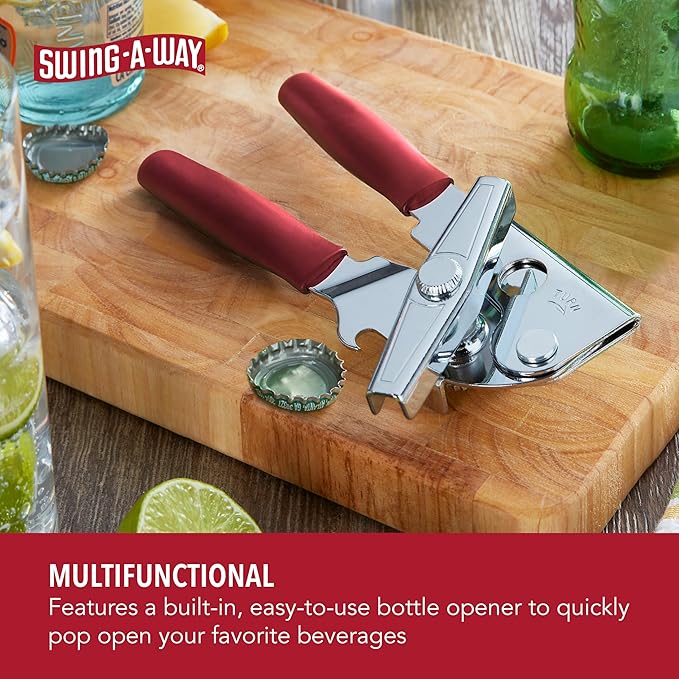 Swing-A-Way Portable Can Opener with Sharp Blade, Manual Hand Held, 2-in-1 Can and Bottle Opener, Made of Steel, Easy Turn Knob, Basic Kitchen Essentials (Red)