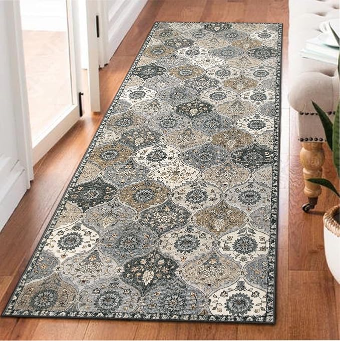 Lahome Moroccan Trellis Kitchen Runner Rug, 2x5 Washable Runners for Hallways Non Slip Soft Hallways Rug Ultra-Thin Vintage Long Carpet for Bedroom Bathroom Elise, Grey