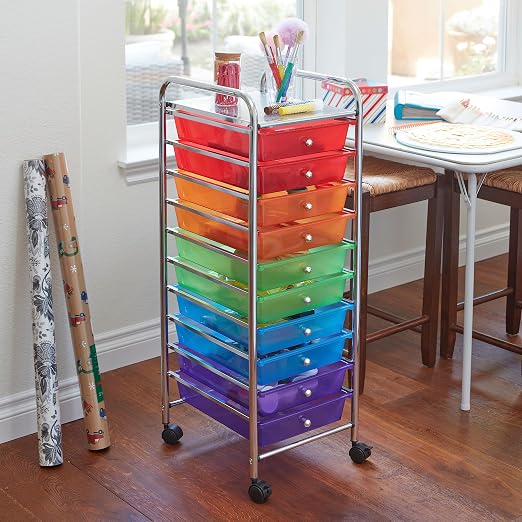 ECR4Kids 10-Drawer Everyday Mobile Storage Utility Cart, Craft Organizer, Assorted