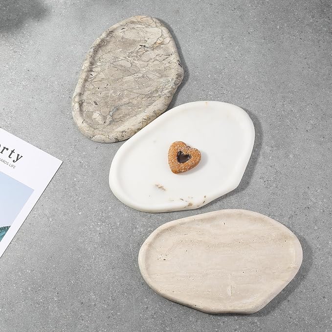 Koville Luxurious White Marble Vanity Tray, Cloud Shape Serving Stone Key Tray for Home Decor, 10"x7" Bathroom Marble Storage Trays, Stone Plate Holder for Perfume and Jewelry (Oriental Calacatta)