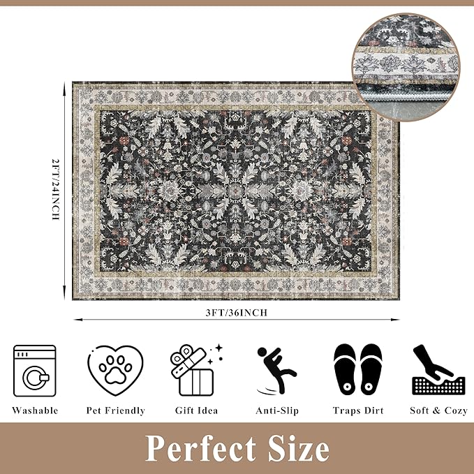 2x3 Rug Non-Slip Washable for Kitchen – Boho Small Throw Rug for Sink & Entryway, Soft Low Pile Thin Indoor Mat for Pet Area & Bathroom (Black, 2x3)