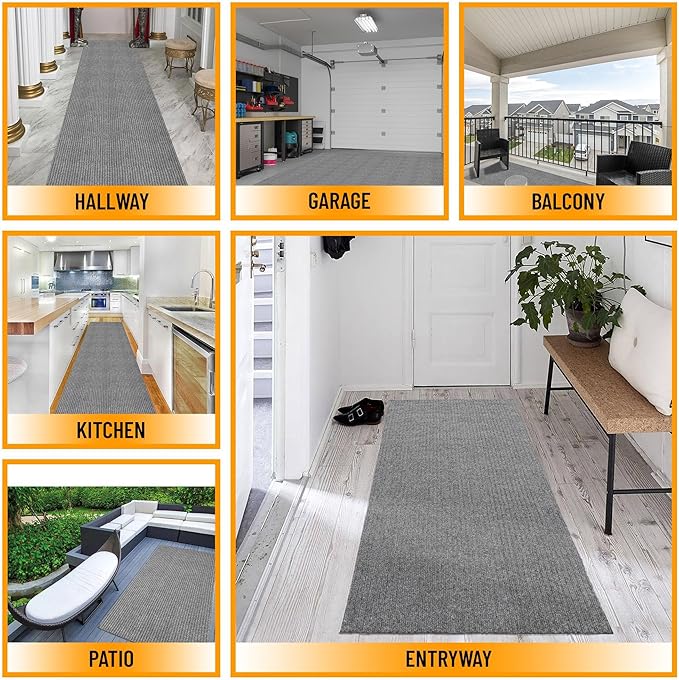 Ottomanson 2' x 44' Hallway Runner with Scraper Pile Extra Durable Non-Slip Rug Mat for Indoor & Outdoor Use - Ideal for Kitchen, Entryway, Patio & Garage - High-Traffic Carpet, Gray