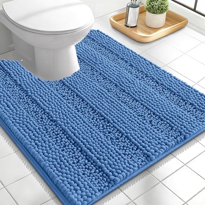 OLANLY Thick Toilet Rugs U-Shaped 24x20, Extra Soft Absorbent Chenille Striped Contour Bathroom Rugs for Toilet, Dry Quickly, Machine Washable, Non-Slip Bath Mat, Cornflower Blue