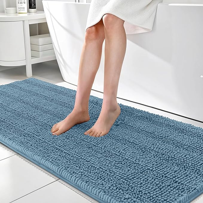 OLANLY Thick Bathroom Runner Rugs 70x24, Absorbent Chenille Striped Bath Rugs, Rubber Backing, Machine Wash, Extra Long Bath Mats for Bathroom Floor, Tub and Shower, Home Decor Accessories, Airy Blue