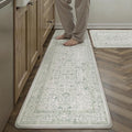 PureCozy Kitchen Mats 2PCS Anti Fatigue Cushioned Mat Light Green Vintage Kitchen Mats for Floor Waterproof Non Slip Comfort Standing Retro Floral Rug for Sink Laundry Office 17.3"x59"+17.3"x30"