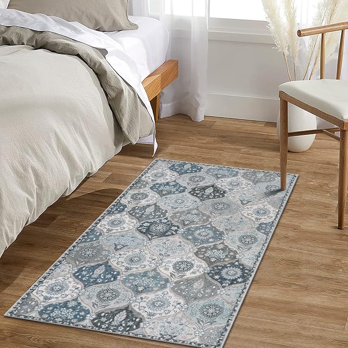 Lahome Moroccan Trellis Small Area Rug, 2x4 Rugs for Entryway Non-Slip Vintage Ultra-Thin Washable Indoor Door Mat Distressed Throw Carpet for Bathroom Kitchen Bedroom Elise, Blue