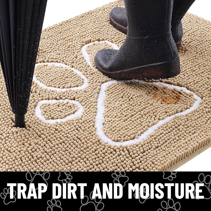 Smiry Dog Door Mat for Muddy Paws, Absorbent Dirt Trapper Non Slip Quick Dry Washable Chenille Mat for Mud Dogs, Entry Rug for Indoor and Outdoor (34x21 Inches, Beige and White)
