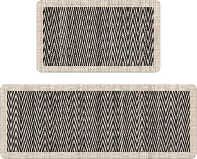Black Vintage Boho Elegance Kitchen Rug Sets [2 PCs], Anti-Fatigue, Waterproof Non-Slip Kitchen Mats Heavy Duty Comfort Foam Rug for Kitchen, Floor, Laundry,17"x29"+17"x47"