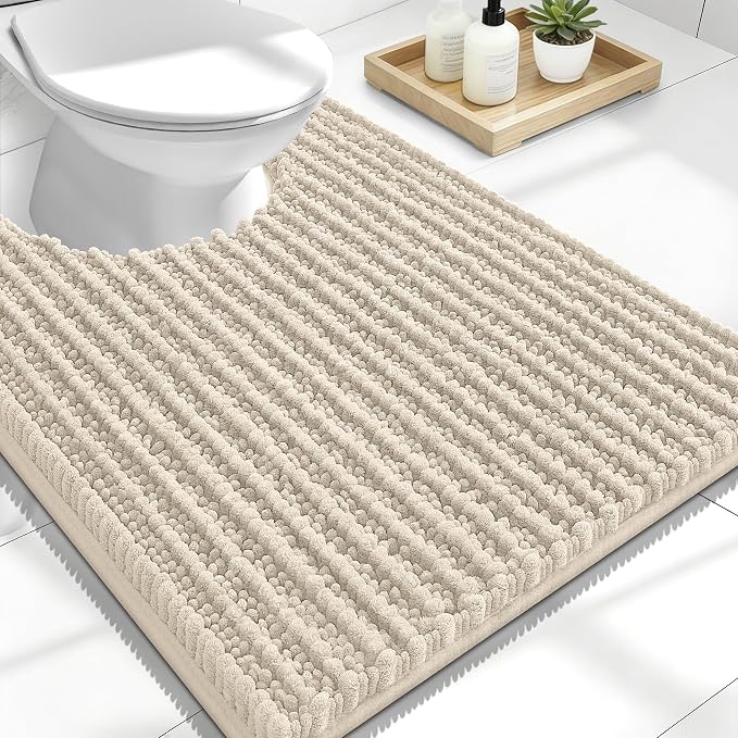 OLANLY Toilet Rugs U Shaped 24x20, Thick Soft and Absorbent Chenille Contour Bath Mat, Non-Slip Rubber Backing, Machine Washable Quick Dry Toilet Mat, Home Decor Accessories, Sand