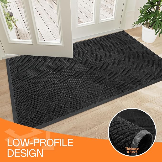 Indoor Outdoor Door Mat, 6’x 4' Doormat for Entryway, Rubber Backing Non Slip Front Door Mat Outside Entrance, Super Absorbent Commercial Floor Mat for Home Office, Black