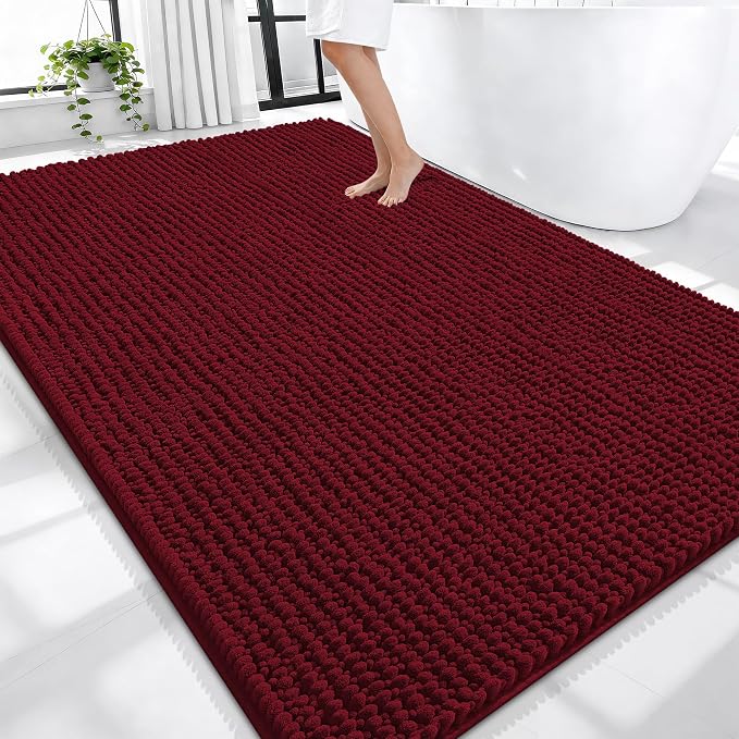 OLANLY Thick Large Bathroom Rugs 70x46, Extra Soft Absorbent Chenille Bath Rugs, Rubber Backing, Machine Wash Dry, Bath Mats for Bathroom Floor, Tub and Shower, Home Decor Accessories, Burgundy