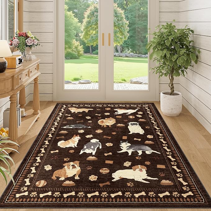 DUKINO 4x6 Area Rug, Non Slip Washable Rug for Living Room with Low Pile Design, Lightweight & Non Shedding Animal Dog Print Indoor Soft Carpet for Bedroom, Dining Room, Kids Room, Office, Brown