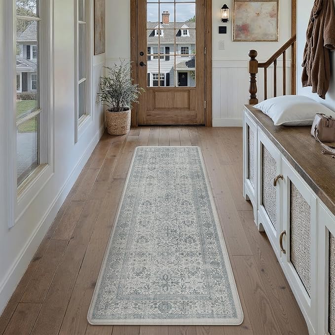 PureCozy Kitchen Mats 2PCS Anti Fatigue Cushioned Mat Blue Vintage Kitchen Mats for Floor Waterproof Non Slip Comfort Standing Distressed Rug for Sink Laundry Office 17.3"x59"+17.3"x30"