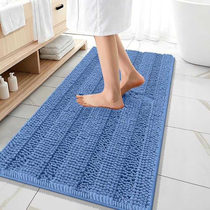 OLANLY Thick Bathroom Runner Rugs 47x20, Extra Absorbent Chenille Striped Bath Rugs, Rubber Backing, Machine Wash, Long Bath Mats for Bathroom, Tub and Shower, Home Decor Accessories, Cornflower Blue