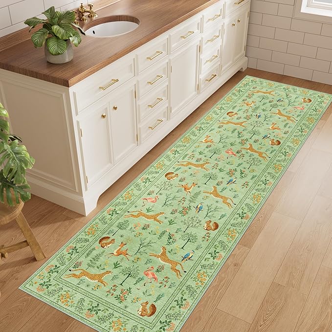 DUKINO 2x10 Rug for Hallway, Washable Kitchen Runner Rug with Non Slip Backing, Soft Low Pile Vintage Animal Runner for Bedroom, Kitchen, Hallway, Entryway, Laundry, Light Green