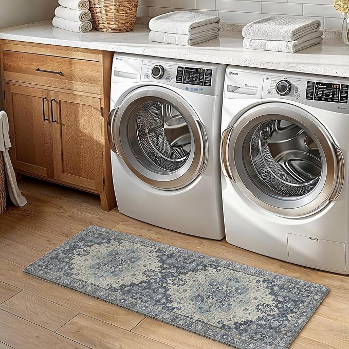 GENIMO Kitchen Mats for Floor 2PCs, Washable Anti Fatigue Mat for Cushioned, 17.3"x47"+17.3"x30", Waterproof Kitchen Rugs, Non Slip Comfort Standing Mat Rug for Home, Sink, Laundry, Center Blue