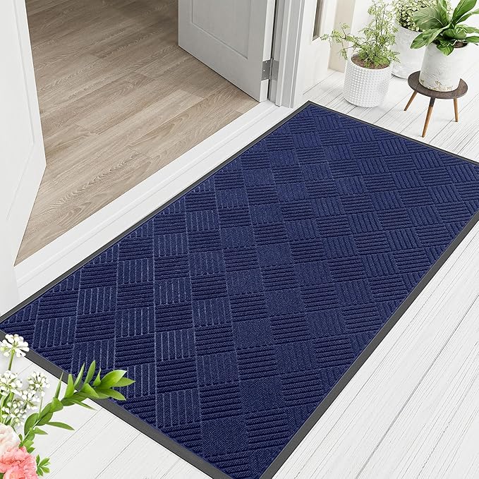 Indoor Outdoor Door Mat, 5’x 3' Doormat for Entryway, Rubber Backing Non Slip Front Door Mat Outside Entrance, Super Absorbent Commercial Floor Mat for Home Office, Blue