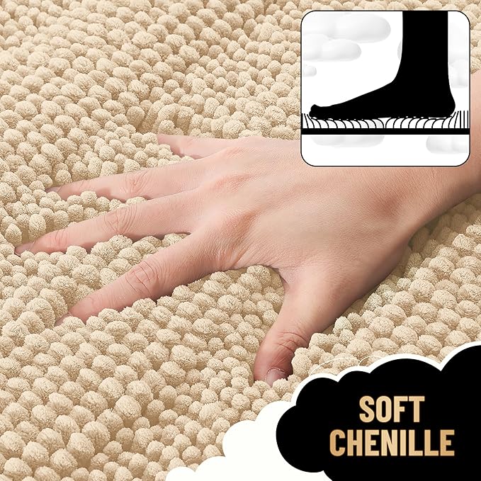 OLANLY Thick Large Bathroom Rugs 44x32, Extra Soft Absorbent Chenille Striped Bath Rugs, Rubber Backing, Machine Wash Dry, Bath Mats for Bathroom Floor, Tub and Shower, Home Decor Accessories, Beige