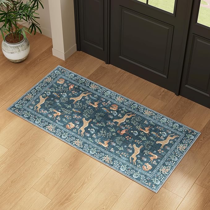 DUKINO 2x4 Rug for Hallway, Washable Kitchen Runner Rug with Non Slip Backing, Soft Low Pile Vintage Animal Runner for Bedroom, Kitchen, Hallway, Entryway, Laundry, Blue
