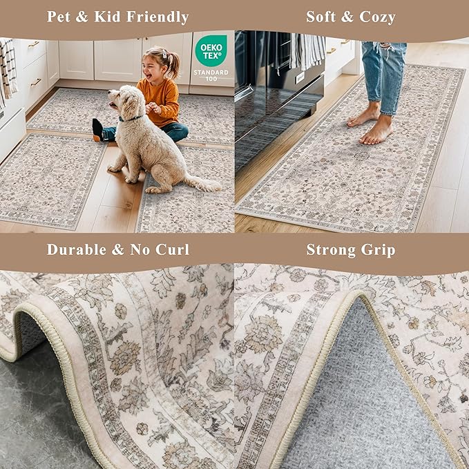 3x4 Entryway Rug Washable Non-Slip–Boho Floral Stain-Resistant Small Area Rug for Kitchen Bedroom Bathroom – Soft Low-Pile Thin Indoor Door Mat (Beige,3x4)