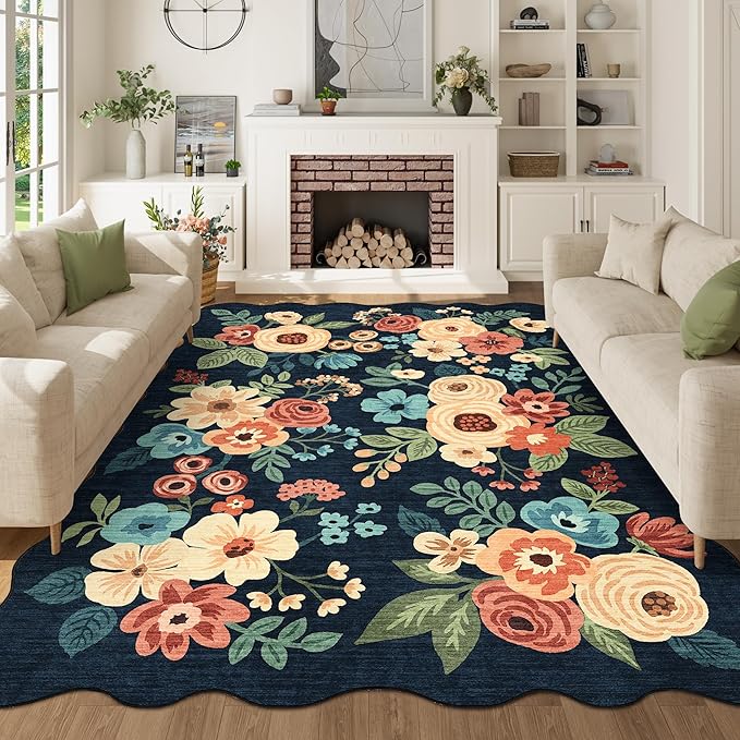 DUKINO 5x7 Area Rug, Floral Washable Rugs for Living Room with Non Slip Backing & Non-Shedding, Lightwight Low Pile Boho Design Large Carpets for Bedroom, Living Room, Dining Room, Navy Blue