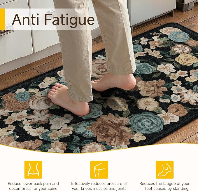 PureCozy Kitchen Mats 2PCS Anti Fatigue Cushioned Mat Non Slip Floral Kitchen Mats for Floor Waterproof Comfort Standing Black Farmhouse Rug for Sink Laundry Office Desk 17.3"x47"+17.3"x30"