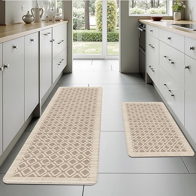 Tan Khaki Vintage Geometric Elegance Grid Kitchen Rug Sets [2 PCs], Anti-Fatigue, Waterproof Non-Slip Kitchen Mats Heavy Duty Comfort Foam Rug for Kitchen, Floor, Laundry,17"x29"+17"x47"