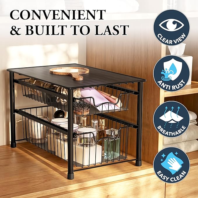 Simple Houseware Stackable Sliding Basket Organizer Drawer, Black, 2-Tier